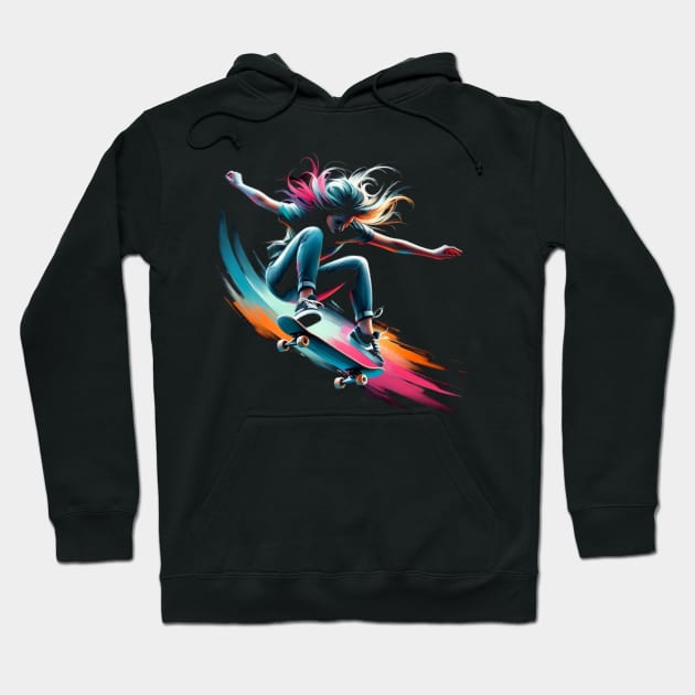 Cyber Skatergirl on Skateboard Hoodie by MultistorieDog